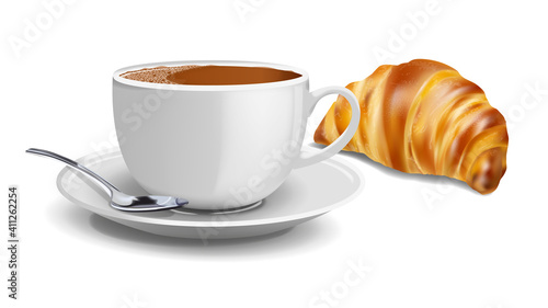 Realistic coffee breakfast with croissant vector illustration