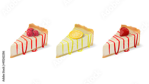 Realistic vector cheesecake slices with raspberry lemon and strawberry fillings isolated on white background