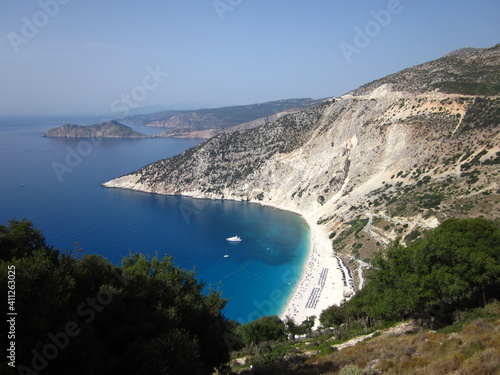 Aerial view at Myrthos beach at Cephalonia or Kefalonia (formerly also known as Kefallinia or Kephallenia). Ionian islands, Greece, Europe
