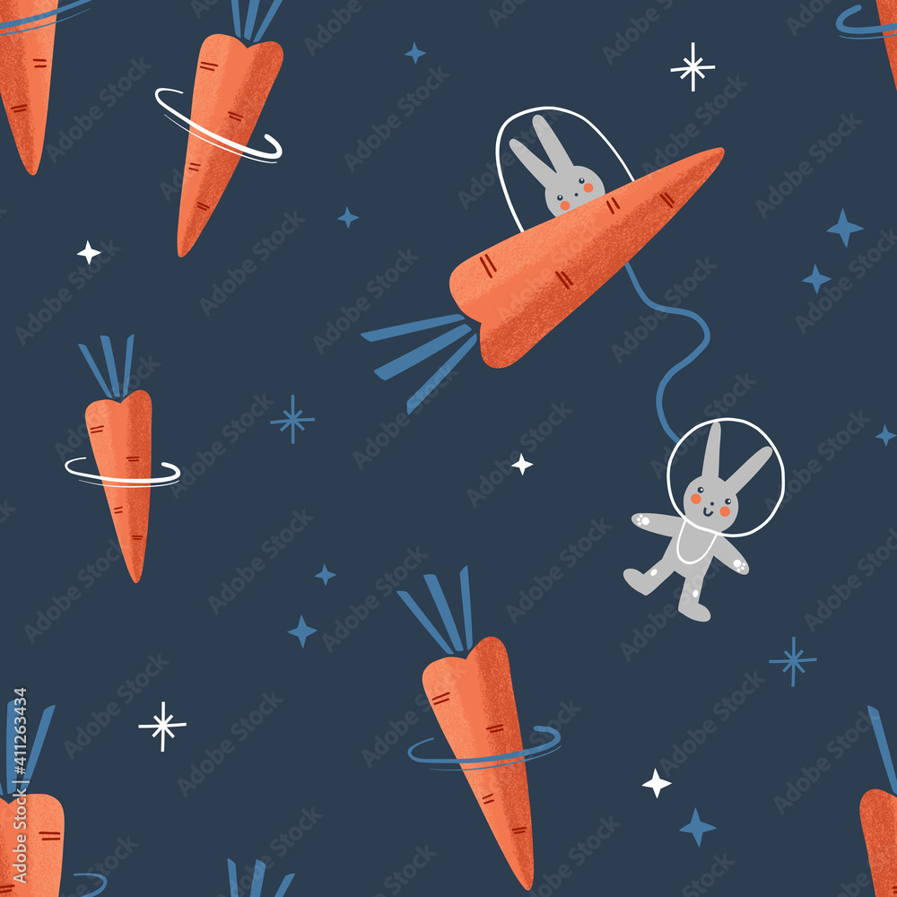 Naklejka premium Bunny astronaut in Carrot rocket in Veggie space seamless vector pattern. Extraterrestrial fictional childish background for textile apparel design print