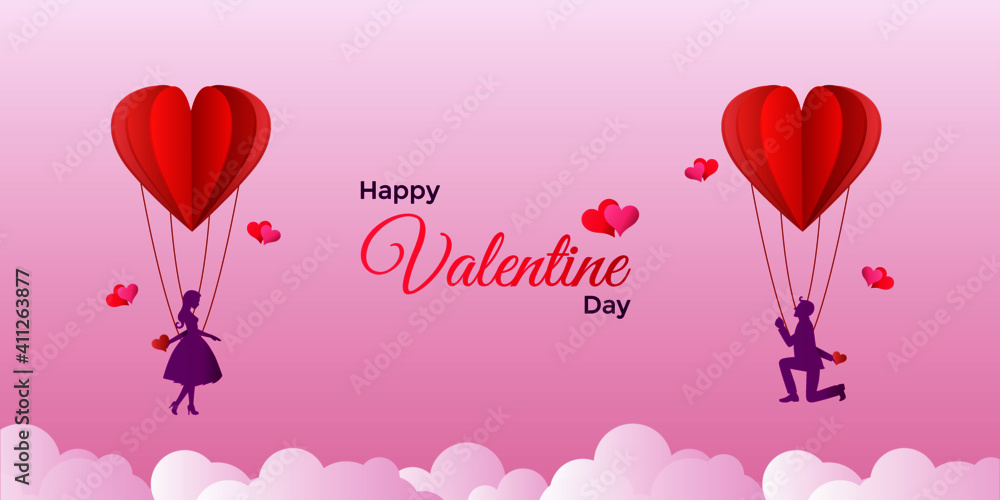 Happy Valentine's Day lovely greeting with couples. Beautiful background with heart shaped air balloon.