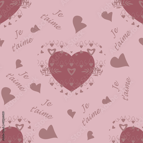 Seamless pattern for Valentine's Day, declaration of love with little hearts and text in french language, I love you. Light pink color. Vector.