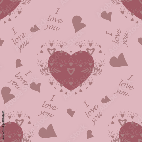 Seamless pattern for Valentine's Day, declaration of love with little hearts and text in English language, I love you. Light pink color. Vector.