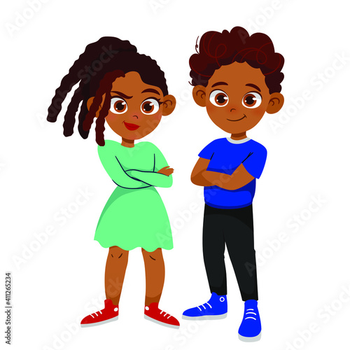 African American girl and boy. Cartoon character design.  Vector illustration isolated on white background