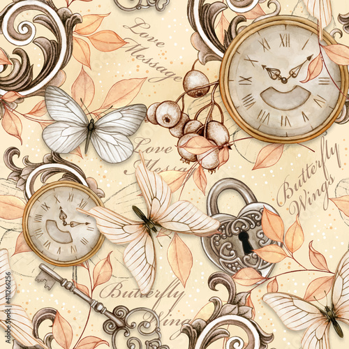 Watercolor victorian shabby chic vintage steampunk seamless pattern