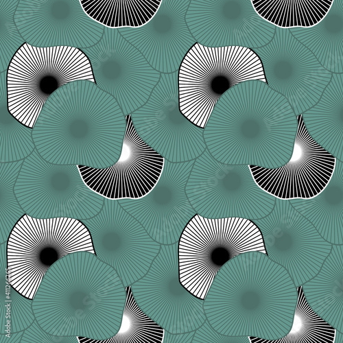Vector seamless pattern with abstract mushroom-like flowers blue and monochrome. For bed linen, home textile and decoration