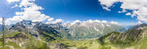 Aerial panoramic view of serpentine Taxenbacher Fusch high alpine road in Grossglockner in Austria