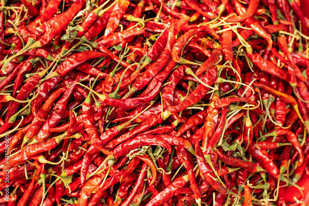 Dried red, hot red peppers or dried chillies pepper on the big market Dried red, hot red peppers or dried chillies pepper on the big market