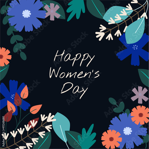 Happy Women's Day greeting card. March 8. Vector illustration of flowers and green leaves with inscription Happy Women's Day on dark background. Banner or postcard