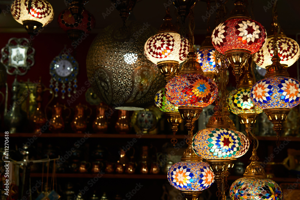 ethnic lamps in oriental souvenir shop