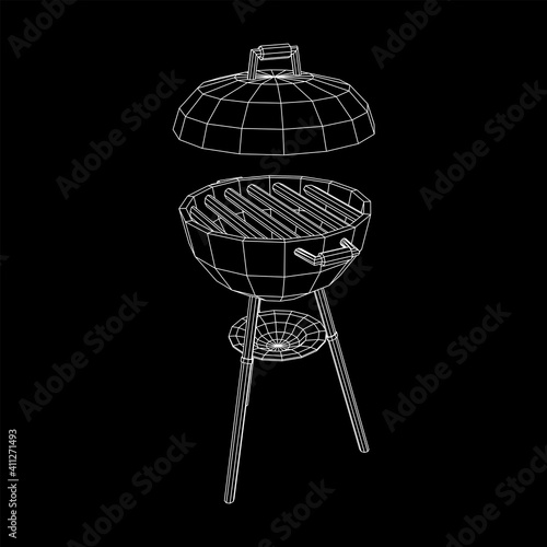 Round barbecue grill. Outdoor bbq party. Wireframe low poly mesh vector illustration
