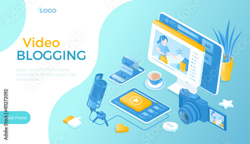 Video blogging, Personal Blog. Vlogger giving video review, advertising on her vlog channel. Making video content for blog or vlog in social networks. Isometric vector illustration for website.