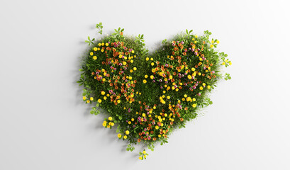 Green grass with spring summer flowers in heart shape