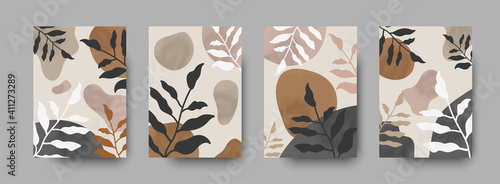 Abstract tropical boho poster collection. Exotic foliage drawing for luxury bohemian interior with neautral pastel watercolor. Acrylic abstract vector shapes for print, cover and wall art. Boho set