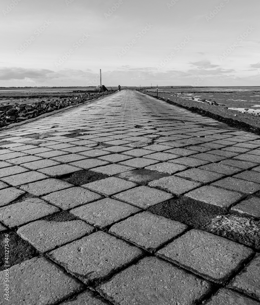 Vendée, France; January 15, 2021: black and white photo of the cobblestones at low tide of the Passage du Gois, road to reach Noirmoutier island, summersible by high tide.