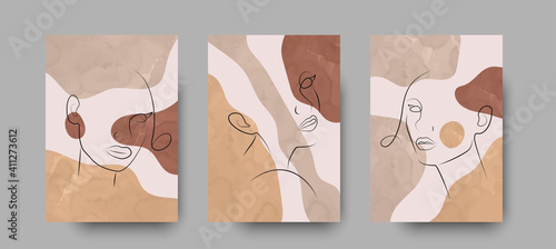 Minimal abstract woman beauty poster. Set of modern woman portrat line drawing with pastel colors in boho style. Girl portrait, watercolor vector background for card, spa and wall art. Luxury interior