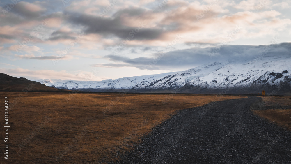 a wintry gravel f-road at the food of the Eyjafjallajökull in Iceland
