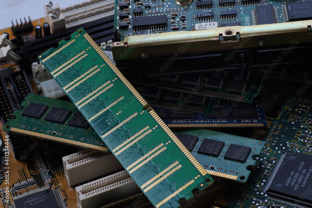 RAM modules, primarily used as main memory in personal computers, workstations, and servers. Big close-up.