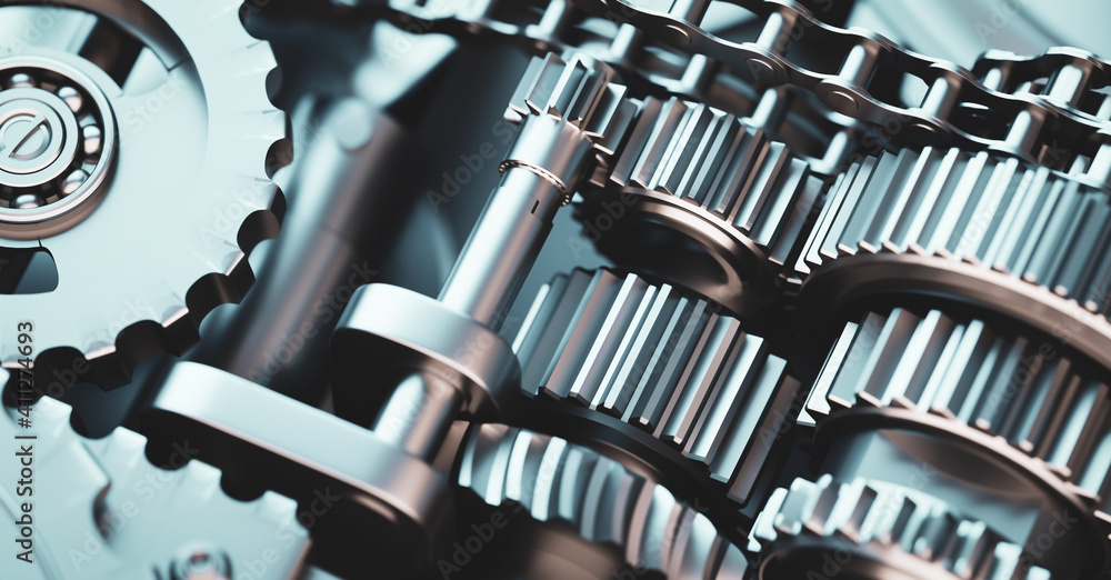 Gears and cogs mechanism. Industrial machine, engine - obrazy, fototapety, plakaty 