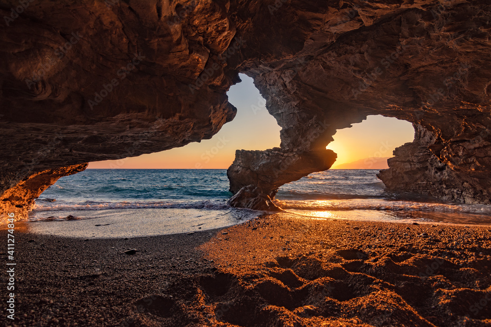 Gorgeous sunset at Agios Pavlos beach, south Crete, Greece.