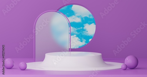 3d rendering, abstract background with blue sky inside the window on the purple wall. Mock up podium for product presentation, Blank showcase mockup 
