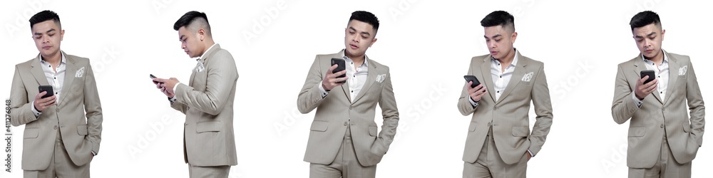 Closeup photo of business man was holding smart phone with different expression and gesture isolated on white background. Closeup photo of business man was holding smart phone with different expression and gesture isolated on white background.