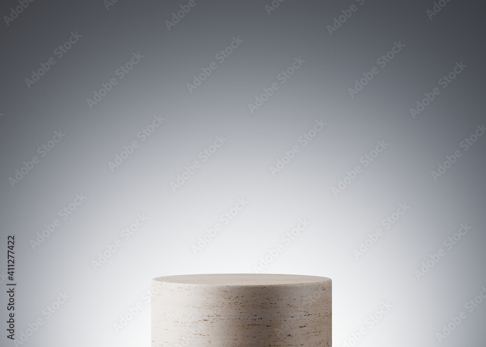 Minimal mockup background for product presentation. Travertine podium on grey background. Clipping path of each element included. 3d rendering illustration. 