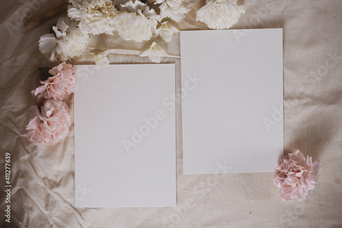 Wedding Invitation Cards on Beige Background with White and Pink Carnations Elegant Shabby Chic Wedding, Spring Wedding