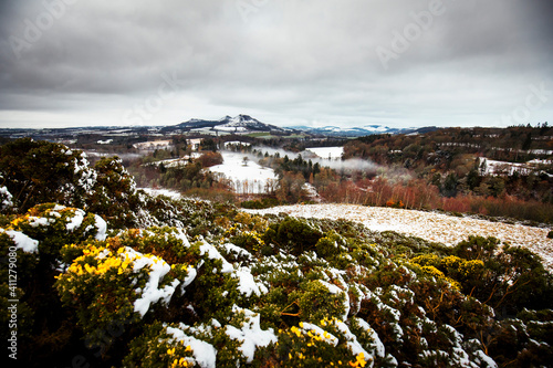 Scotts view with the Eildons in the background in winter covered in snow photo