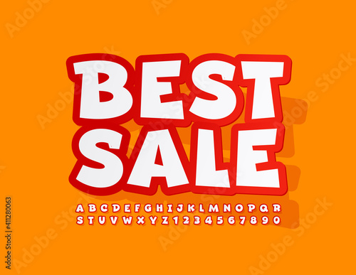 Vector business promo Best Sale. Comic style Font. Sticker bright Alphabet Letters and Numbers set