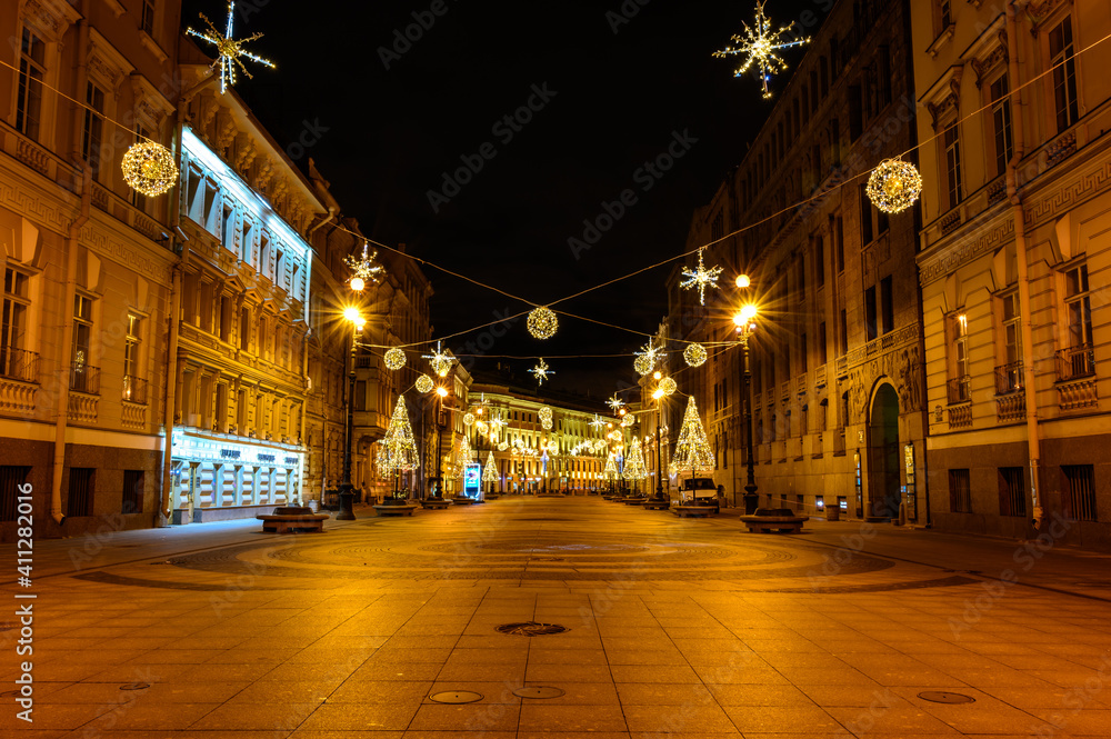 Bolshaya Morskaya Street. Palace Square St. Petersburg. New Year Christmas tree