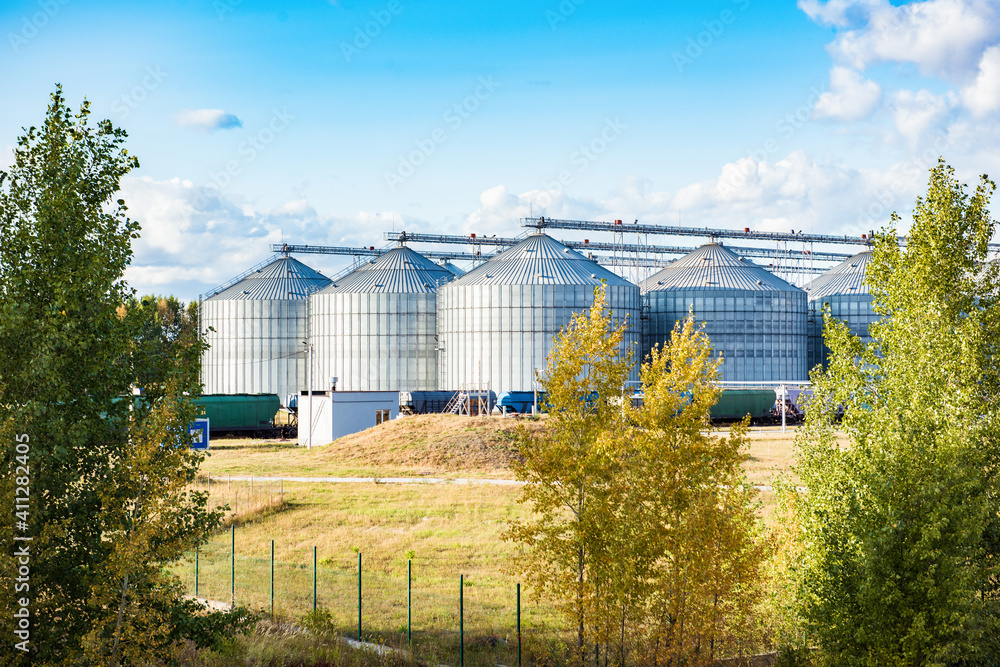 Silver silos on agro manufacturing plant for processing drying cleaning and storage of agricultural products, flour, cereals and grain. Large iron barrels of grain. Granary elevator Silver silos on agro manufacturing plant for processing drying cleaning and storage of agricultural products, flour, cereals and grain. Large iron barrels of grain. Granary elevator