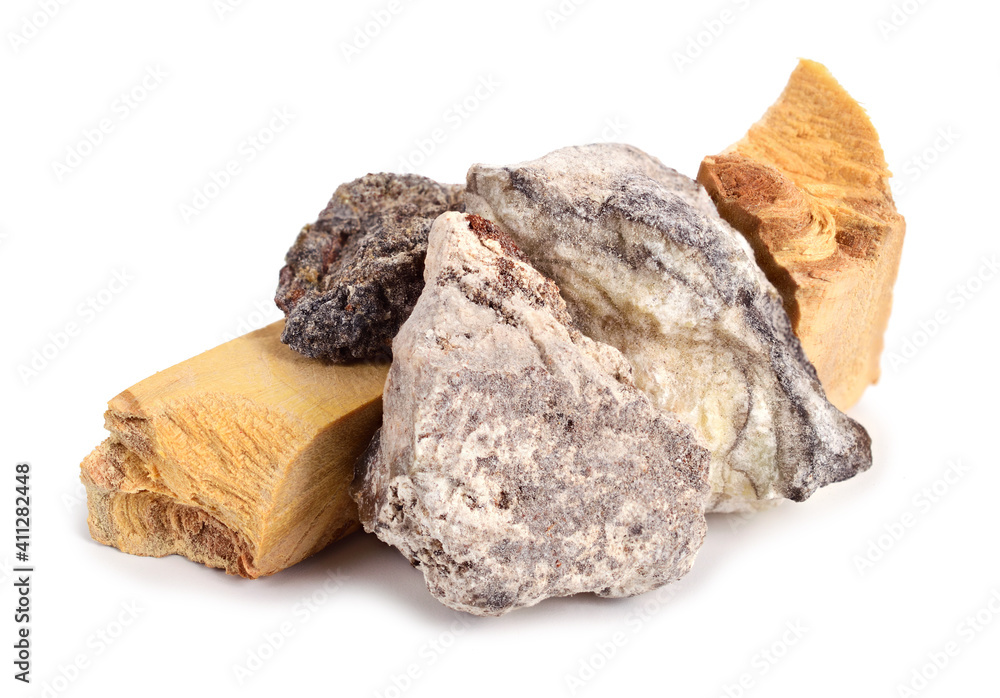 Palo Santo (Holy Stick) Resin and Santo Palo Wood Pieces. Isolated on White Background. Palo Santo (Holy Stick) Resin and Santo Palo Wood Pieces. Isolated on White Background.