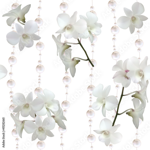 Flowers. Floral background. Pearls. Seamless pattern. White orchids. Tropical plants.