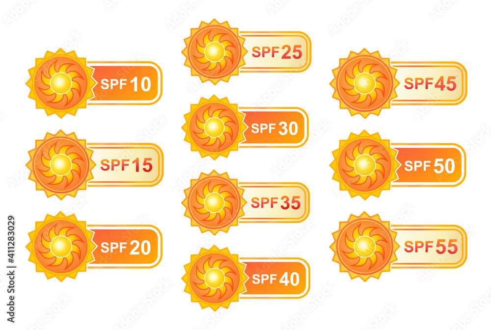 SPF sun protection icons set. Sunscreen cream or lotion. Sunblock product sign. UV radiation protect from 10 to 55. Safe skin suntan. Skincare cosmetic packaging label. Prevention of sunburn. Vector SPF sun protection icons set. Sunscreen cream or lotion. Sunblock product sign. UV radiation protect from 10 to 55. Safe skin suntan. Skincare cosmetic packaging label. Prevention of sunburn. Vector