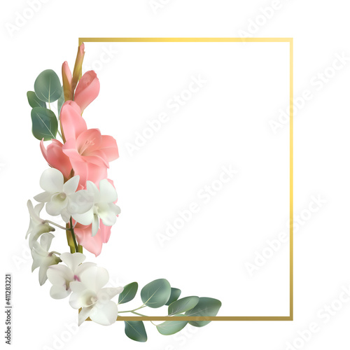 Flowers. Floral background. Gladiolus. White orchids. Green leaves. Bouquet. Gold square frame.