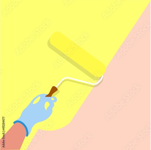 Roller brush painting, hand holding a roller . Painting a wall with yellow colour paint. Worker painting on surface wall. Empty wall for your text. Flat vector illustration.