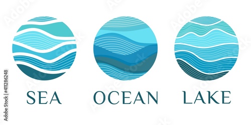 Abstract wavy lines in circle sea waves,ocean,coast,lake,river flow,water design template vector pattern logo blue. Icon beach,symbol summer,badge hotel,pictogram for tourism,sign voyage,cruise travel