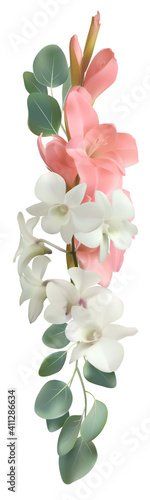 Flowers. Floral background. Gladiolus. White orchids. Green leaves. Bouquet.