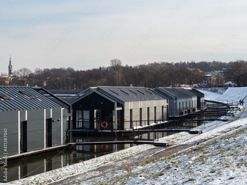 Naklejka premium Poland Cracow - boat hotel at the banks of Vistula River, closed due to pandemic of Covid-19
