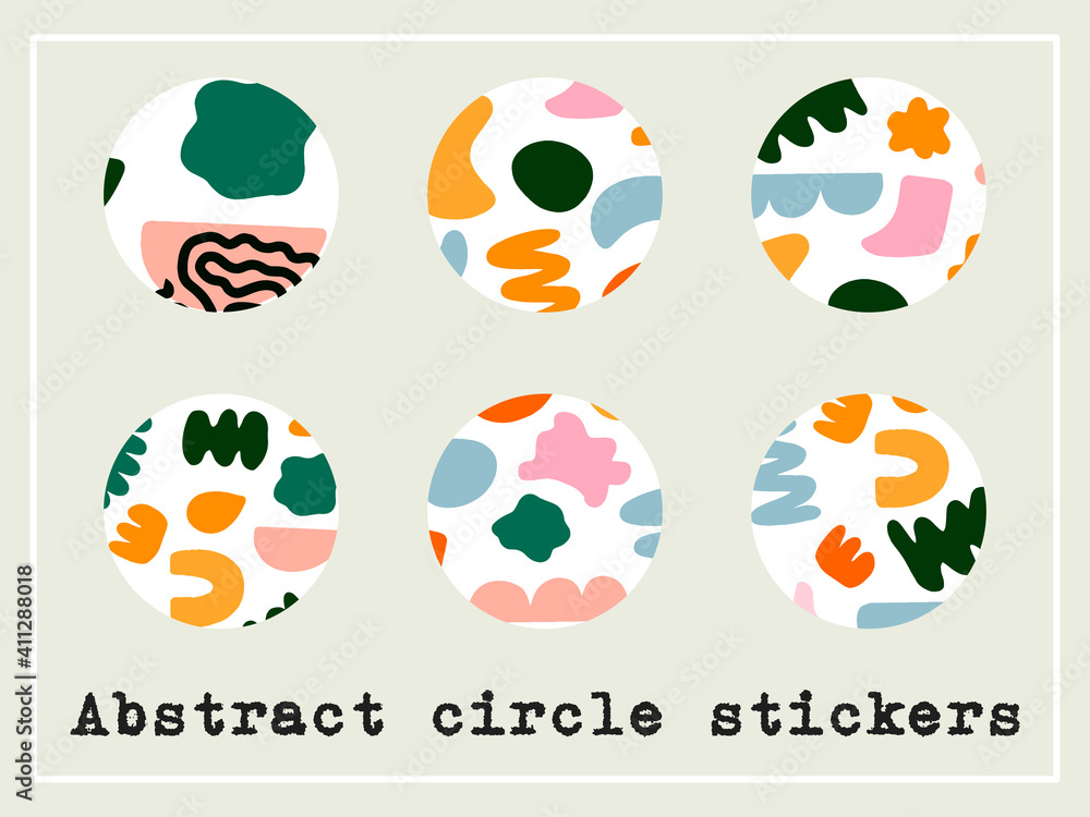 Abstract bright round sticker or stories cover. Set of 6 circle designs with different shapes