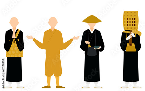 仏教のお坊さんのポーズセット、全身