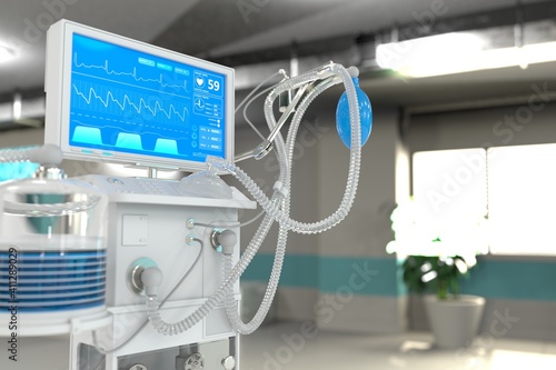 Medical 3D illustration, ICU artificial lung ventilator with fictive design in therapy hospital with bokeh - stop coronavirus concept