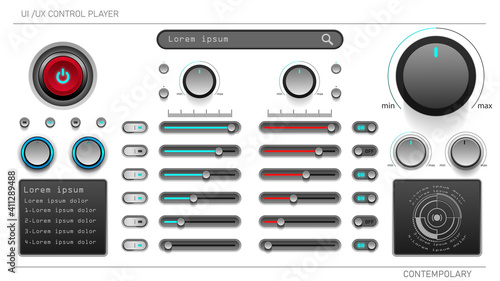 User interface elements for control player.ui ux design kit. Rotary button with indicator light Sliding button left-right. Contemporary-modern design in white.