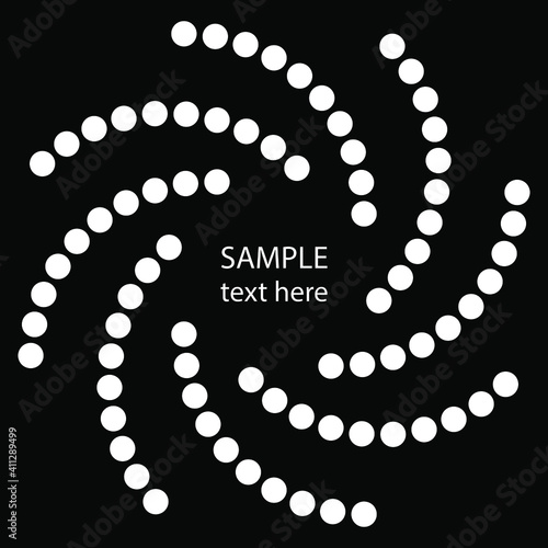 White curvy halftone doted stripes in circle form. Vector illustration. Design element for technology round logo, striped border frame, blackout tattoo, monochrome pattern and abstract background