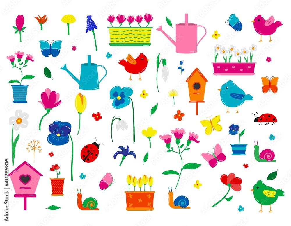 Easter spring set with cute elements of decor, colorful butterflies, birds and flowers. Flat cartoon style. Vector illustration isolated on white background Easter spring set with cute elements of decor, colorful butterflies, birds and flowers. Flat cartoon style. Vector illustration isolated on white background