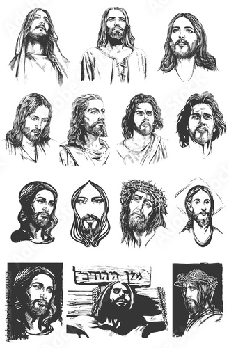 Jesus Christ Portrait Pack. Easter Holiday Drawing Sketch Vector