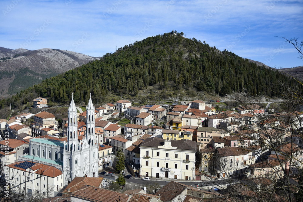 Panoramic view of Montesano sulla Marcellana, a town in the mountains in the province of Salerno, Italy.