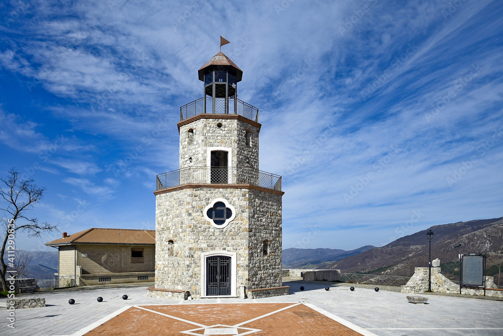 A reconstructed tower of an ancient castle in a mountain town in the province of Salerno, Italy.