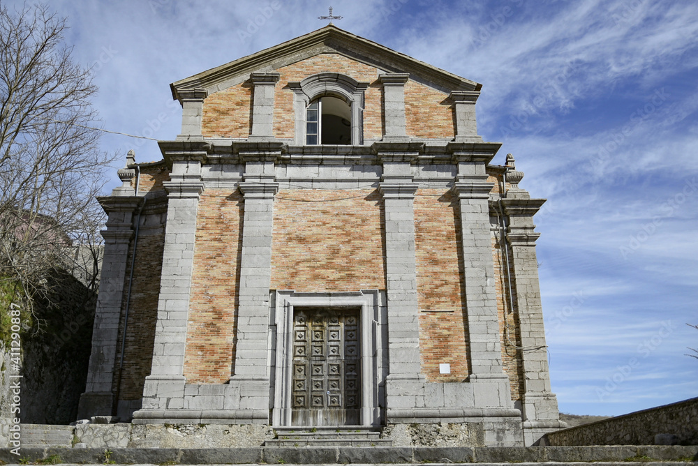 The facade of an ancient church in  Montesano sulla Marcellana, a mountain town in the province of Salerno, Italy.